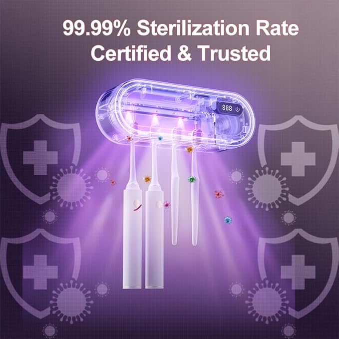 UV Toothbrush Sanitizer Holder for 4 | Wall Mounted Toothbrush Holder for Bathroom with Fan Drying | USB Rechargeable Toothbrush Cleaner & Sterilizer, No Drill Install, Modern Design (White)