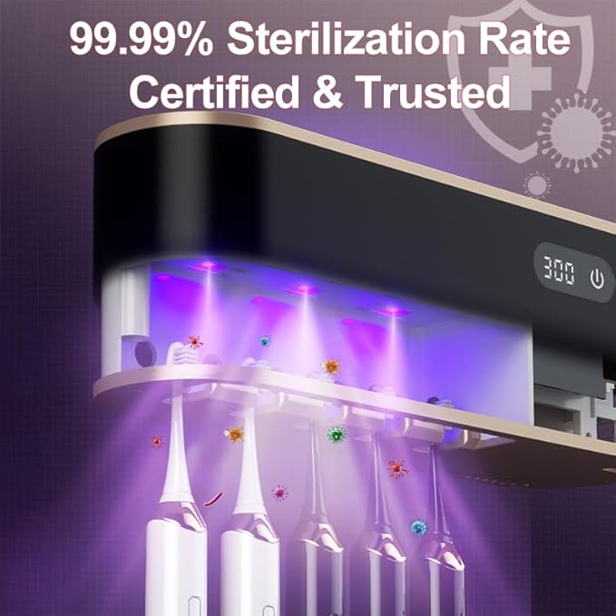 UV Toothbrush Sanitizer Holder for 4 | Wall Mounted Toothbrush Holder for Bathroom with Fan Drying | USB Rechargeable Toothbrush Cleaner & Sterilizer, No Drill Install, Modern Design (Black)