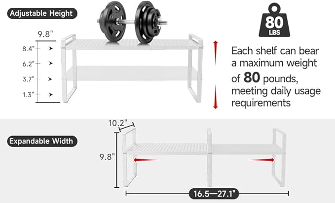 Hole Pattern Expandable Shelf Organizer,2Pack 8.1" Wide Easy to Assemble Cabinet Organizer Shelf, 16.5~27.1" Adjustable Height&Stackable Spice Organization for Cupboard, White