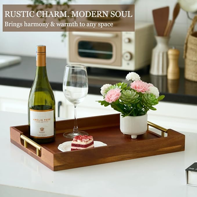 Premium Acacia Wood Ottoman Tray, 17x13 inches Large Serving Tray, Decorative Coffee Table Tray with Metal Handles, Ideal for Breakfast in Bed, Appetizers, Kitchen & Living Room Decor