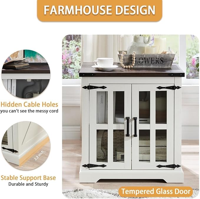 Farmhouse End Table with Charging Station,24" Large Side Table with Glass Barn Door, Rustic Wood Nightstand Bedside Table with Adjustable Storage Shelf for Living Room, Bedroom,White,2 Pack