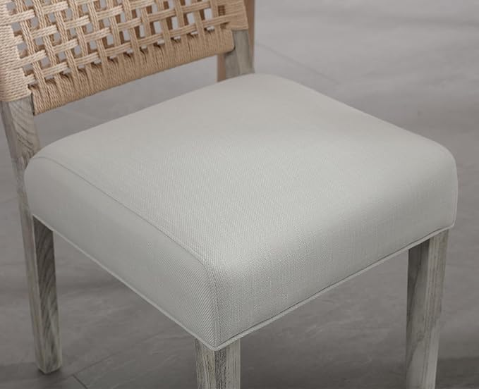 Kmax Farmhouse Dining Chairs Set of 4, Rustic Kitchen Chairs with Linen Fabric Seat and Woven Back, Vintage Accent Chairs for Dining Room, Living Room, Ivory