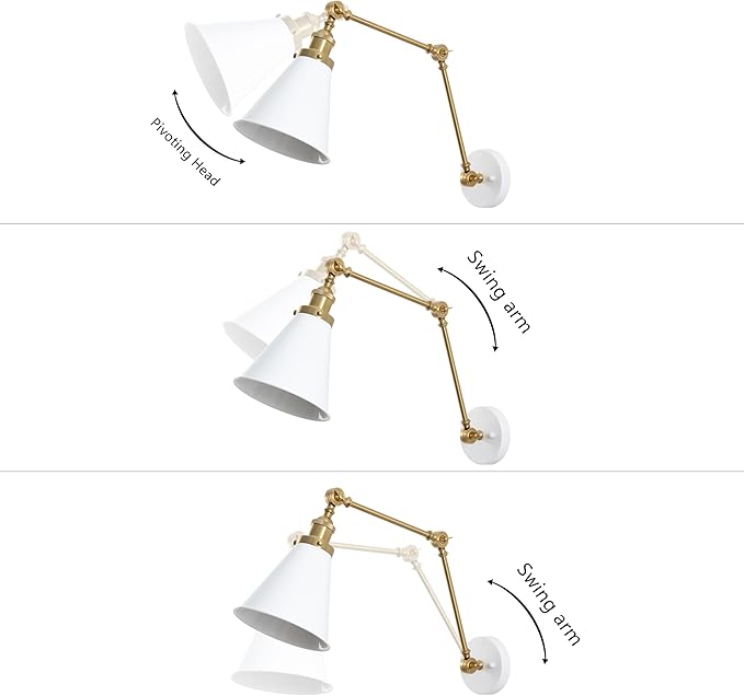 JONATHAN Y JYL7462B-SET2 Rover 7" Classic Industrial Metal Adjustable Arm LED Wall Sconce, White/Brass Gold (Set of 2) for Bedroom, Bathroom, Vanity