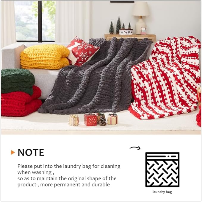 L'AGRATY Chunky Knit Blanket Throw: 72''x84'' Chenille Chunky Knitted Throw Blanket for Bed Couch - Handmade Thick Big Cable Knit Blanket - Large Chunky Crochet Rope Blanket for Home Decor(Orange)