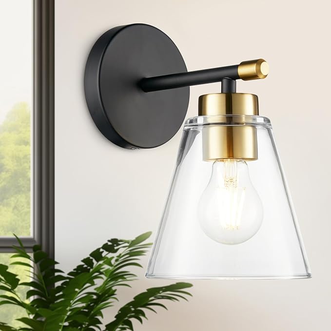 Hamilyeah Black and Gold Wall Sconces Set of 2, Bathroom Sconces Wall Lighting Fixture Indoor with Glass Shade, Mordern Black Wall Sconce Lighting for Kitchen, Hallway, Living Room