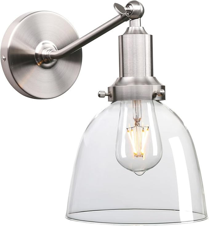 PERMO Industrial Vintage Slope Pole Wall Mount Single Sconce with 6.7" Oval Dome Clear Glass Shade Wall Sconce Light Lamp Fixture (Brushed Nickel)