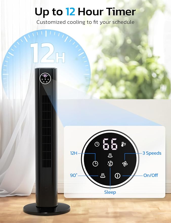 ZAFRO Tower Fan for Bedroom, 90° Oscillating Fan with 12H Timer, 37”Standing Fans with Remote, Bladeless Fan with 4 Modes & 3 Speeds, Black