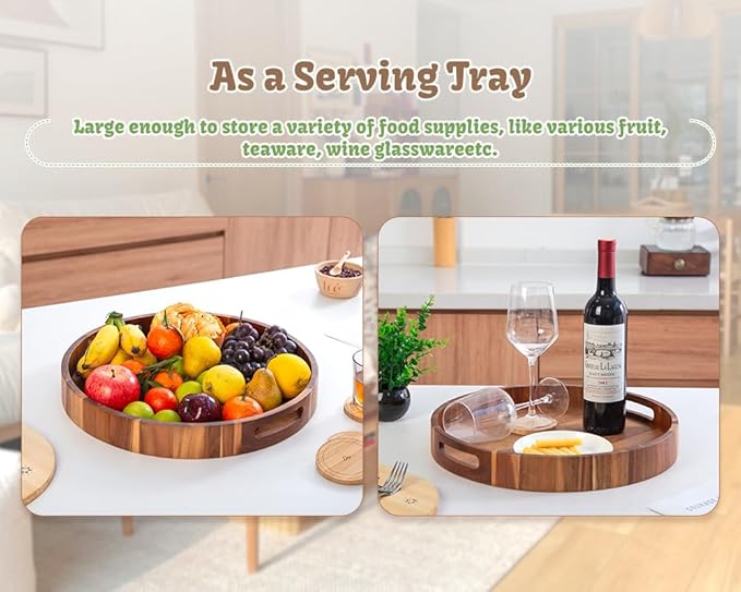 Large Round Wood Serving Tray, Wooden Trays with Handles for Ottoman Table, Vintage Acacia Tray Circle Wood Tray for Indoor Outdoor Organization and Decoration, Including 4 Round Wooden Coasters