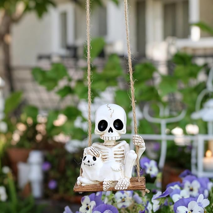 Halloween Resin Skeleton Swing Ornament - Animated Skeleton with Black Cat Figure, Hanging Decor for Tree Wall Garden - Spooky Fun Festival Decor Prop