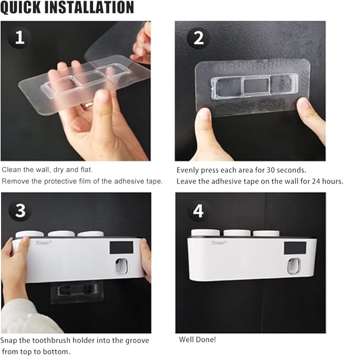 Toothbrush Cleaning Holder, Self Adhesive Toothbrush Holder with 3 Cups, Automatic Toothpaste Squeezer Dispenser Bathroom Accessories Set (White)