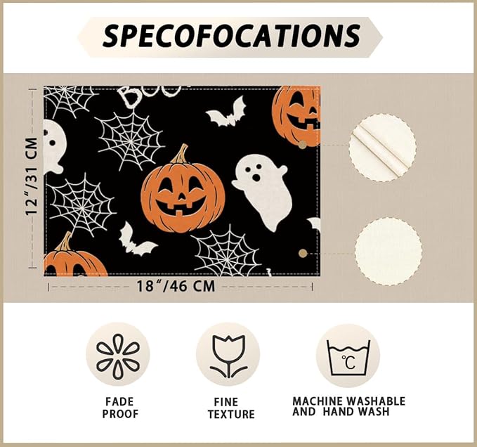 XCHI Boo Spooky Ghost Pumpkin Halloween Cloth Placemats Set of 6 Table Mats Table Decorations 12x18 Inch