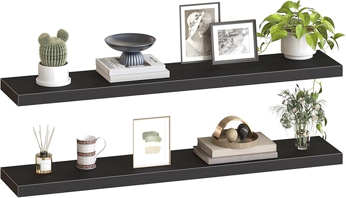 HOOBRO Floating Shelves for Wall, Wall Mounted Shelf Set of 2, 55" Hanging Shelf with Invisible Brackets, for Wall in Bathroom, Bedroom, Toilet, Kitchen, Living Room, Office, Black BK140BJP201