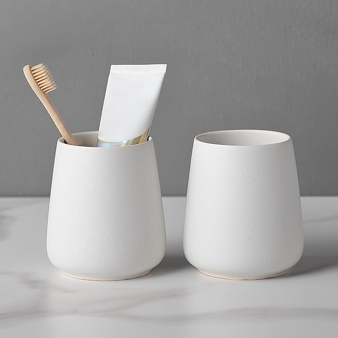 Speckled White Toothbrush Holder Set - 2Pcs Bathroom Ceramic Tooth Brushing Holders, Toothbrush Cup, Toothpaste Organizer for Countertop, Makeup Brush Holder, Pen Holder for Home Desktop Storage