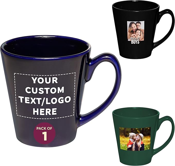 DISCOUNT PROMOS Custom Glossy Ceramic Latte Coffee Mug 12 oz. Set of 1, Personalized Bulk Pack - Perfect for Tea, Espresso, Cappuccino, Hot Cocoa - Blue