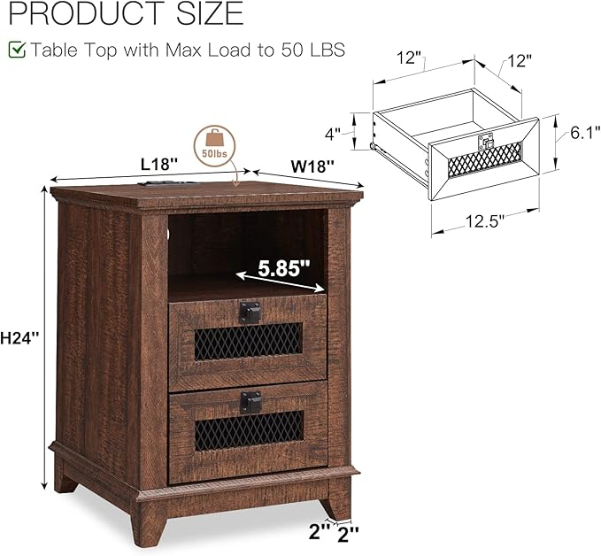 Nightstand with Charging Station,OKD 18'' Industrial & Farmhouse End Table with 2 Drawers &Open Cubby, Rustic Mesh Drawer Sofa Side Table w/Storage for Bedroom, Living Room, Office, Reclaimed Barnwood