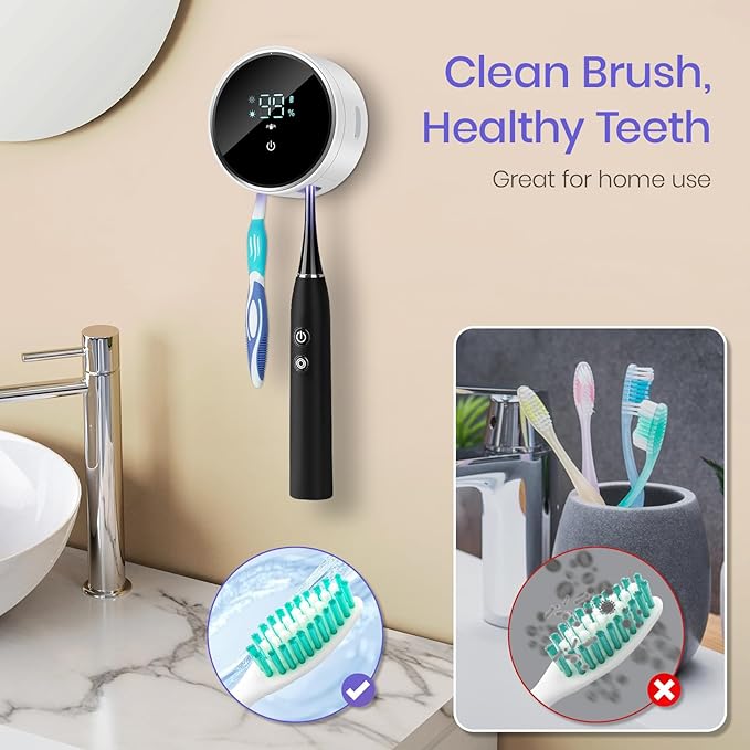Toothbrush Holder and Cleaner for Bathroom,Minimalist Desktop and Wall Mounted Electric Toothbrush Razor Holder, Automatic Open Close Cover, Clean, Dry for Home Business Travel
