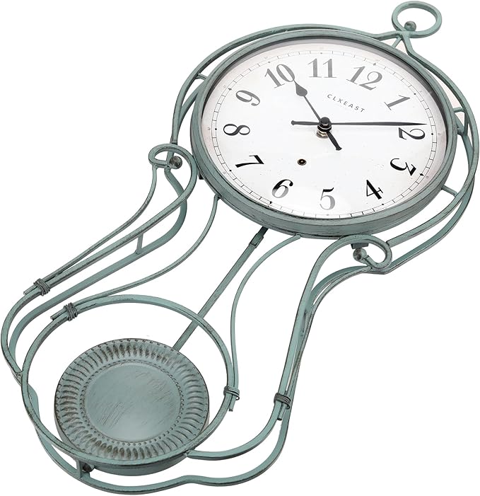 CLXEAST 20 Inch Metal Pendulum Wall Clock Battery Operated,Large Schoolhouse Wall Clocks for Living Room Decor,Antique Aged Teal Green Finish,House Warming Gifts New Home