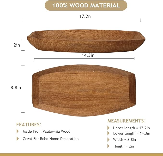 Uziass Wood Dough Bowl, 17.25"x 8.8" Hand Carved Wooden Dough Bowls for Decor Rustic Wood Dough Bowls Decorative Wooden Dough Fruits Bowl for Table Centerpiece Dining Living Room Home Kitchen Decor