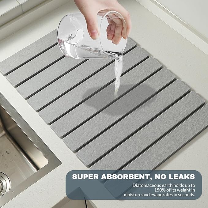 Large Stone Dish Drying Mats for Kitchen Counter, Quick Dry Absorbent Collapsible Dish Drying Mat,Diatomaceous Earth Mats for Dishes Bottles Cups,Match Any Countertop,Grey 16 * 12inch