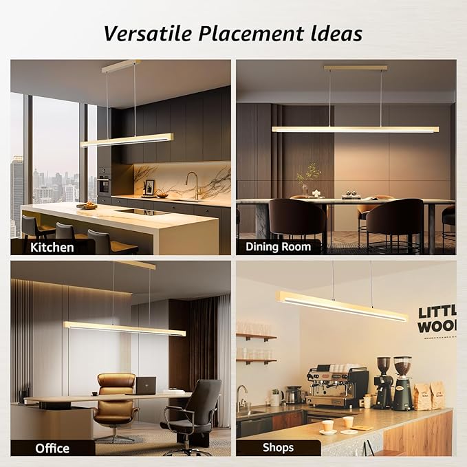40W Gold Linear Pendant Light Aluminum, 54" Dimmable Kitchen Island Lighting with Remote & App Control, Adjustable CCT (3000K-6000K), Dining Room Chandelier for Home Office Study