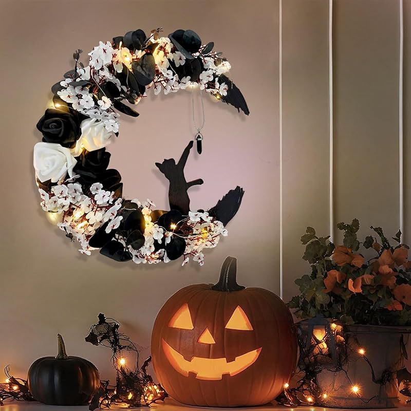 Halloween Wreaths for Front Door with Light, Black Cat Crescent Moon Wreath, Cute Cat Garland Halloween Door Decorations for Outdoor Indoor Decor Wall Window Home Party