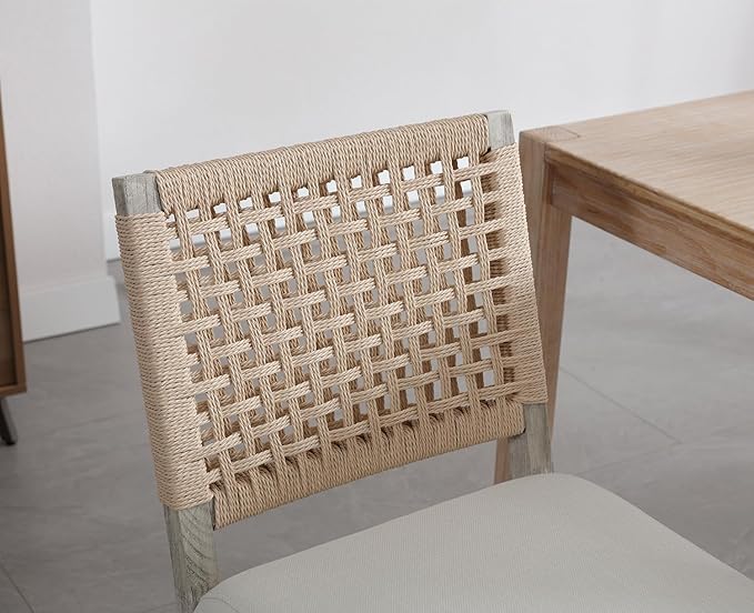 Kmax Farmhouse Dining Chairs Set of 2, Rustic Kitchen Chairs with Linen Fabric Seat and Woven Back, Vintage Accent Chairs for Dining Room, Living Room, Ivory