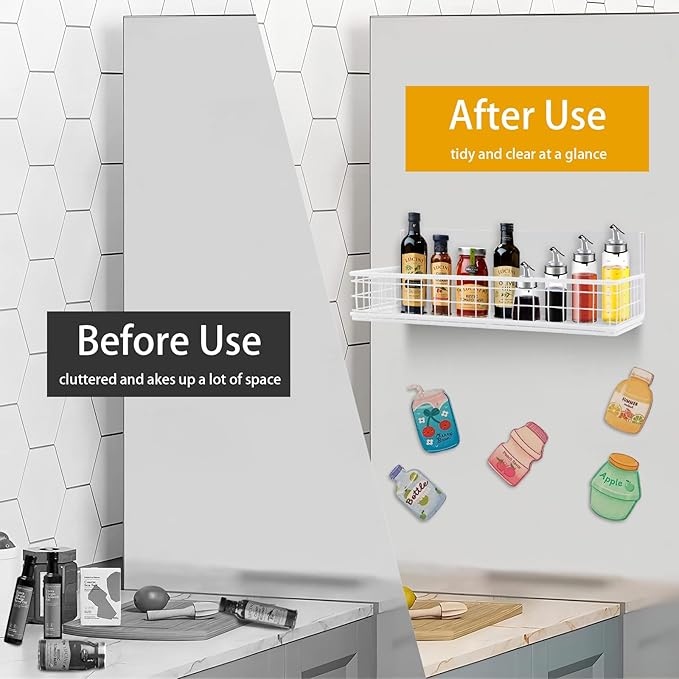 Magnetic Basket, Magnetic Shelf for Fridge, Magnetic Spice Rack for Refrigerator Wire Mesh Magnetic Organizer Holder Accessories for Office Kitchen Classroom Storage,White, 9.44" x 4" x 1.77"