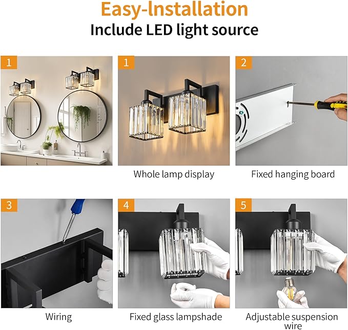 Modern Bathroom Vanity Light 2-Lights Black Crystal Bathroom Wall Light Vanity Light Fixtures