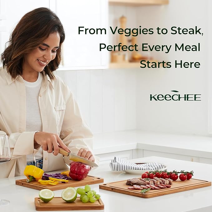 Bamboo Cutting Board, Durable Wood Cutting Boards for Kitchen with Deep Juice Grooves & Built-in Handles, Ideal Charcuterie & Chopping for Meat, Vegetables and Fruits Ideal Kitchen Gifts