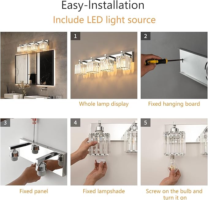 Modern 4-Light Chrome Crystal Bathroom Vanity Light Fixtures