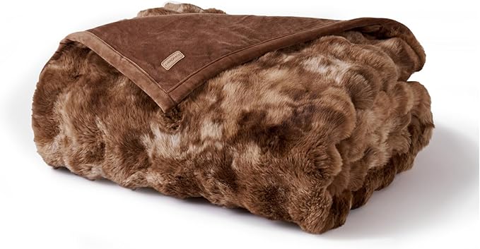 EVERGRACE Ultra Soft Luxury Fluffy Ridgeline Faux Rabbit Fur Throw Blanket, Thick Warm Bubble Throw for Bed, Cozy Plush Reversible Blankets for Couch, Chair, Sofa, Lion Caramel, 60x80 Inches, 870 GSM