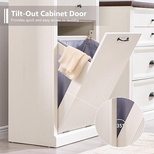 Modern Tilt-Out Trash Can Cabinet, 10 Gallon Fluted Laundry Hamper Cabinet with Drawers, Wooden Hidden Garbage Can Cabinets with Storage Basket, Free Standing for Kitchen and Living Room, White