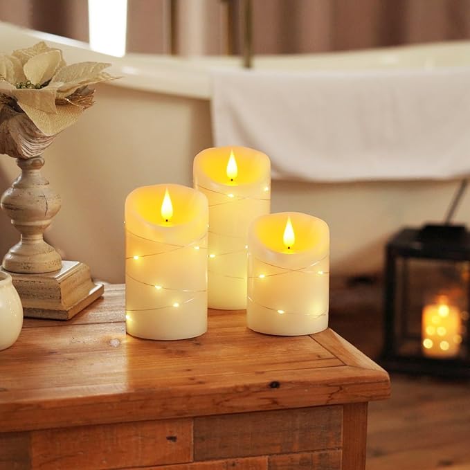 Homemory Flameless Candles with String Lights, 3 Pack Embedded Fairy String Lights LED Candles, Electric Flickering Candles with Remote Control and Timer, Real Wax, Ivory White