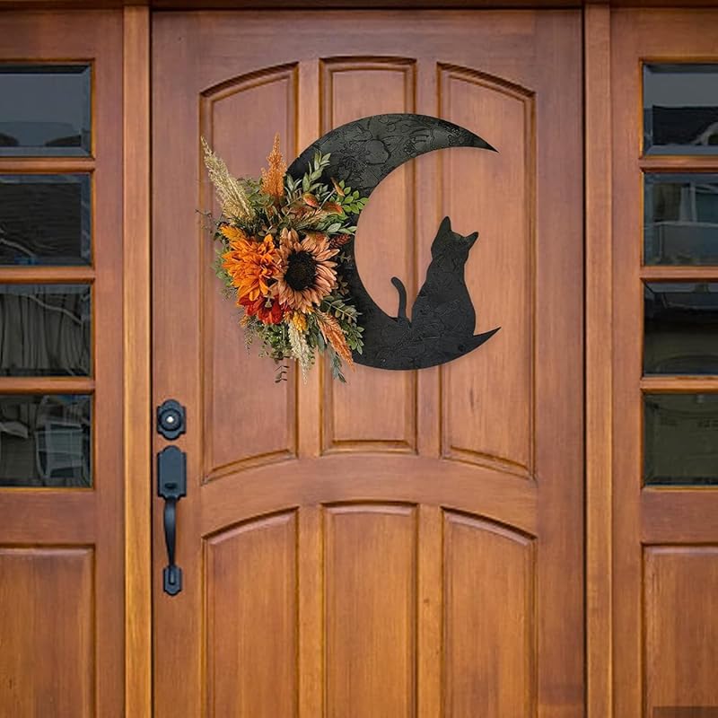 Halloween Wreaths for Front Door, Black Cat on Moon Garland with Rose Wreath Decor, Halloween Decorations Crescent Moon Wreath for Home Party Window Wall Indoor Outdoor (orange flower)