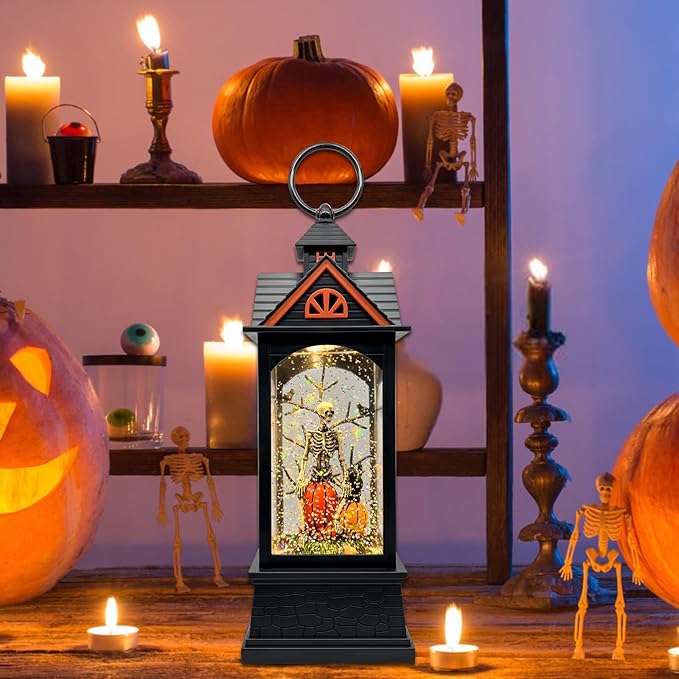 Halloween Snow Globe Lantern with 6 Hour Timer,Halloween Decorations Indoor for Home,Halloween Decor,USB or Battery Powered for Halloween Lanterns,Halloween Skeleton-B