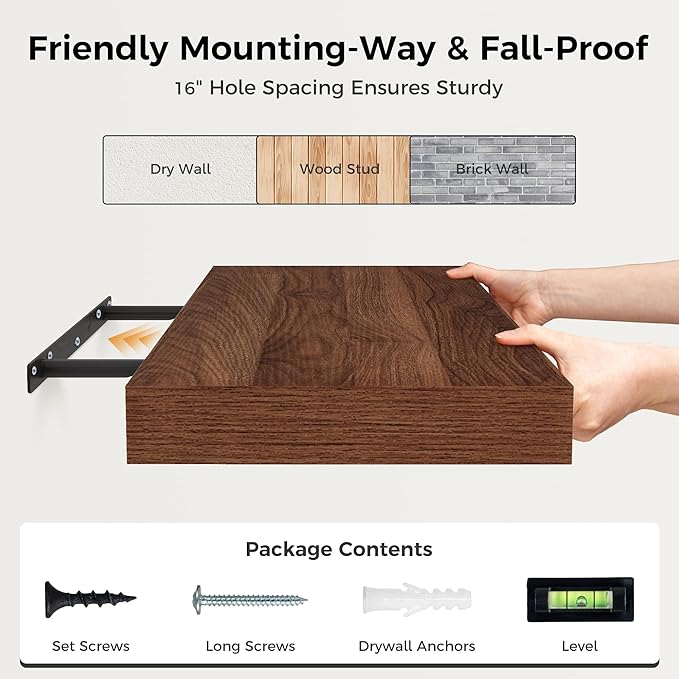 Fun Memories 30 Inch Floating Shelves, 12 Inch Deep Floating Shelf for Wall, Rustic Deep Shelves for Books, Bathroom, Living Room, Kitchen, 30 x 12 x 2 Wood Floating Shelves, Walnut Color, Set of 2