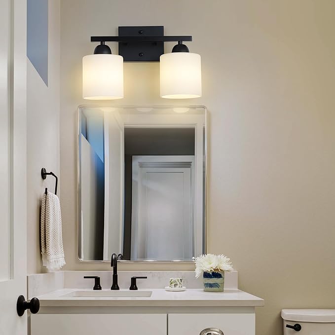 Milk Glass Vanity Lights for Bathroom, 2 Light Matte Black Bathroom Light Fixtures Over Mirror, Ceramic E26 Sockets Wall Mounted