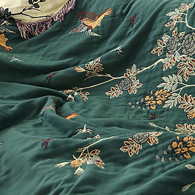 Boho Muslin Blanket for Adults 4-Layer Gauze Twin Size Soft Cozy 100% Cotton Summer Cooling Blanket Floral Decor for Sofa Bed Coverlet Both Sides (Tassels Birds and Floral, Twin 60 x 80 in)