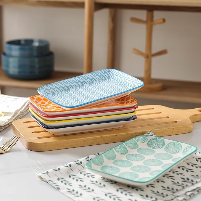 Selamica Ceramic Rectangular Salad Plates Set of 4, Small Serving Plates for Appetizers, Sushi, Fruit, Assorted Colors