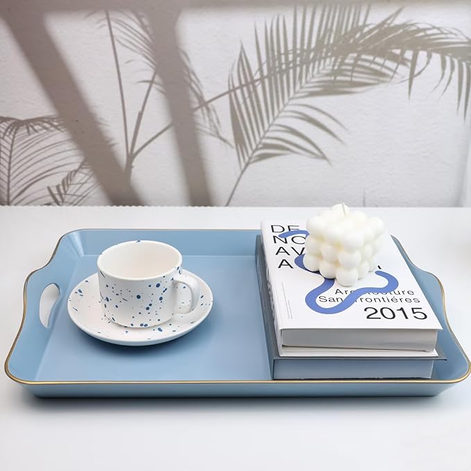 Spsyrine Light Blue Decorative Tray, Elegant Plastic Serving Tray with Handles, Coffee Table Tray for Ottoman, Living Room, Home Decor