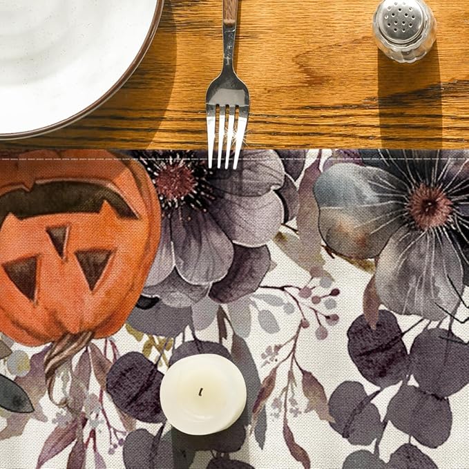 Artoid Mode Jack-O'-Lantern Pumpkin Floral Ghost Halloween Table Runner, Eucalyptus Kitchen Dining Table Decoration for Home Party Decor 13x48 Inch