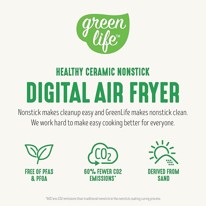 GreenLife Compact Electric Air Fryer Oven, 5.3 QT, PFAS-Free Ceramic Nonstick Drawer, 8 One Touch Digital Display, Easy View Window, Auto Shut-Off Timer, Dishwasher Safe Parts, 1500 Watts, Graphite