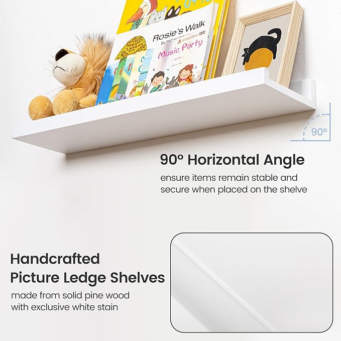Picture Ledge Shelf for Wall, 36 inches Solid Pine Wood Nursery Book Shelves 3 Packs, Floating Ledge Shelves for Kids' Room Bedroom Bathroom Living Room Photo Frames Office Nursey Wall Decor, White