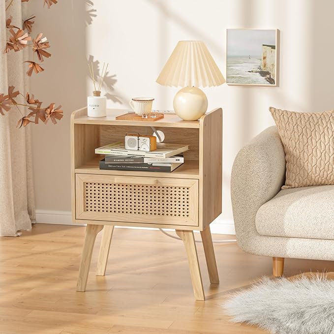 Lerliuo Rattan Nightstand with Charging Station, Boho Night Stand with Handmade Natural Rattan Drawer and Open Shelf, Cane Accent Side End Tables with Solid Wood Legs for Bedroom, Dorm, Small Spaces