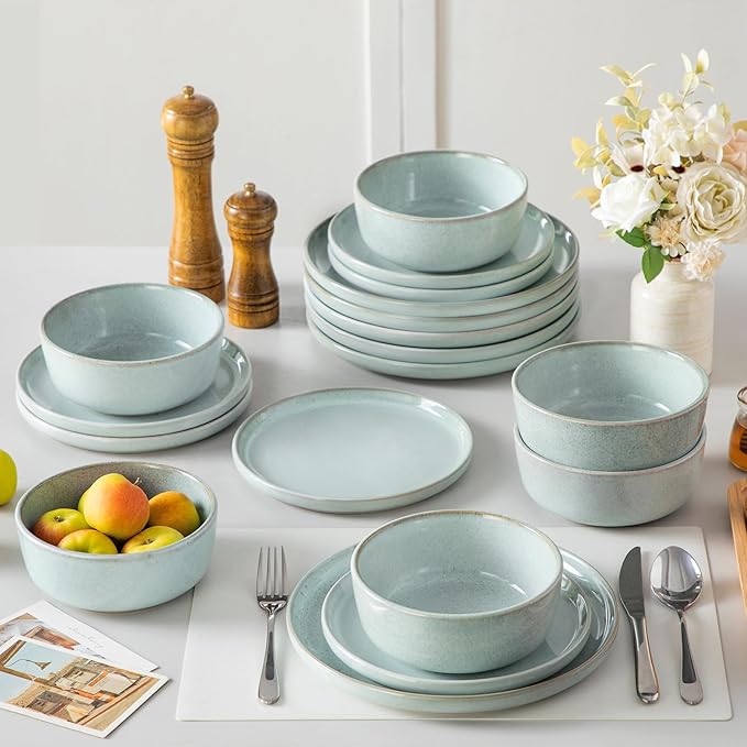 vancasso ANYA 18 Pieces Plates and Bowls Set, Mint Green Dinnerware Sets, Reactive Glaze Dishes Set for 6, Ceramic Dishware Sets Kitchen Dinner Set, Microwave & Dishwasher Safe
