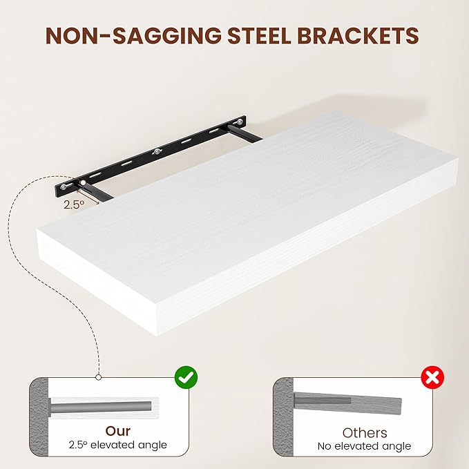 White Floating Shelves for Wall, 36 Inch X 12 Deep Shelves for Room Wall Mounted,2" Thick Heavy Duty Holds 65lbs Floating Shelf for Bedroom Bathroom Kitchen Laundry Room, Set of 2
