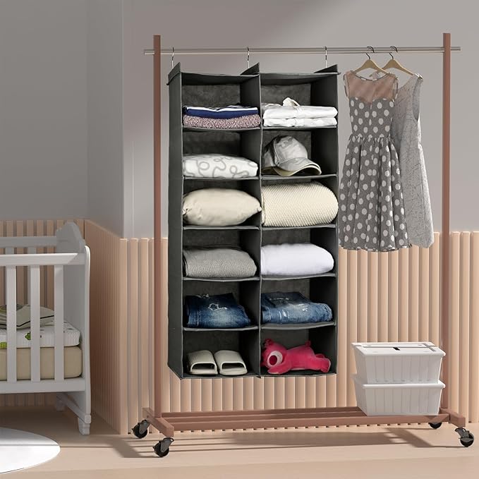 Dual-Row 6 Tier Shelf Hanging Closet Organizer and Storage, 12 Pockets Clothes Storage Shelves with 3 Sturdy Hooks for Clothing Organization, Dorm Room Essentials for Girls, Foldable, Grey