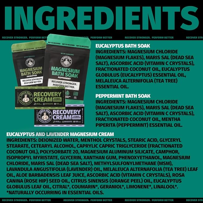 Coach Soak Magnesium Flakes & Lotion Trial Pack - Soothing Menthol Lotion & Bath Soak - 0.18 Lb Sachets - Lavender, Eucalyptus & Peppermint Scents