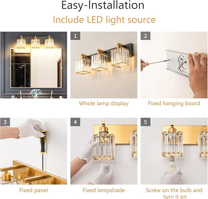 Modern Bathroom Vanity Light 3-Lights Black Gold Crystal Bathroom Wall Light Vanity Light Fixtures,20.47-inch Modern Minimalist Design