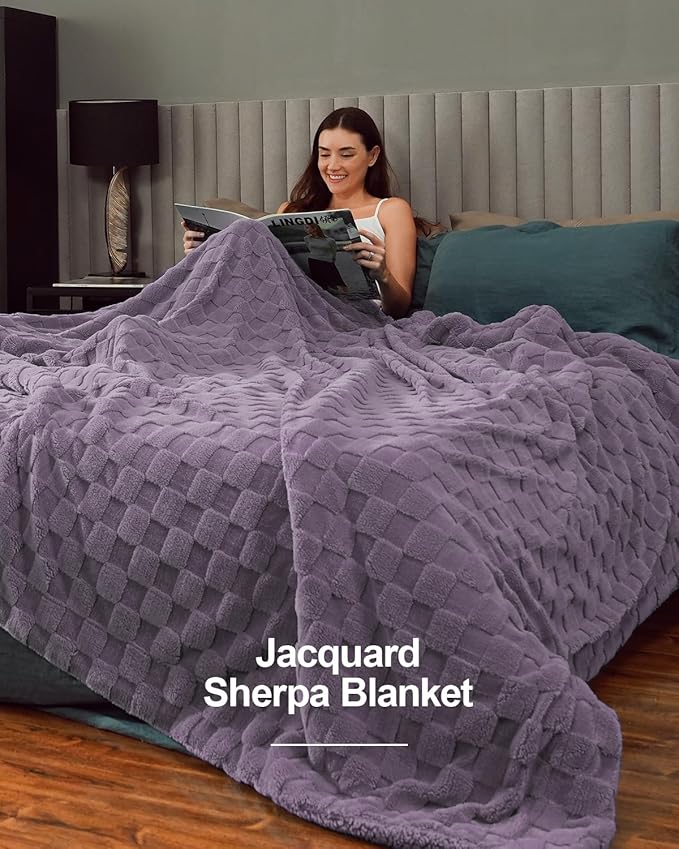 Pawque Super Soft Cozy Throw Blanket Twin Size for Couch Bed, Fluffy Sherpa Fleece Reversible Thick Warm Fuzzy Blanket for All-Season, 3D Checkered Jacquard Decorative Blankets, Purple, 60" x 80"